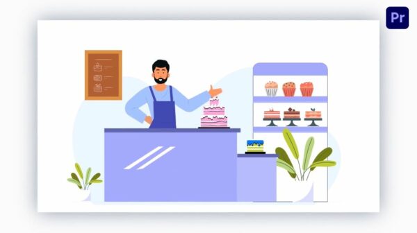 دانلود پروژه آماده پریمیر – کاراکتر موشن گرافیک شیرینی فروشی Cake And Bakery Shop 2D Character Animation Scene- نهایت خرید