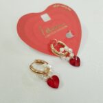 گوشواره حلقه طلایی آویز قلب کریستالی قرمز و مروارید